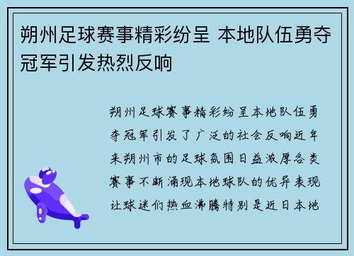 朔州足球赛事精彩纷呈 本地队伍勇夺冠军引发热烈反响