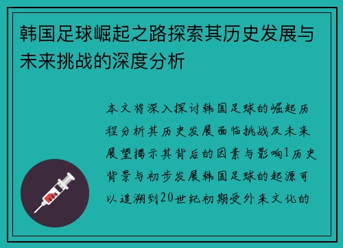 韩国足球崛起之路探索其历史发展与未来挑战的深度分析