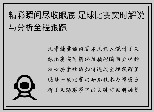 精彩瞬间尽收眼底 足球比赛实时解说与分析全程跟踪